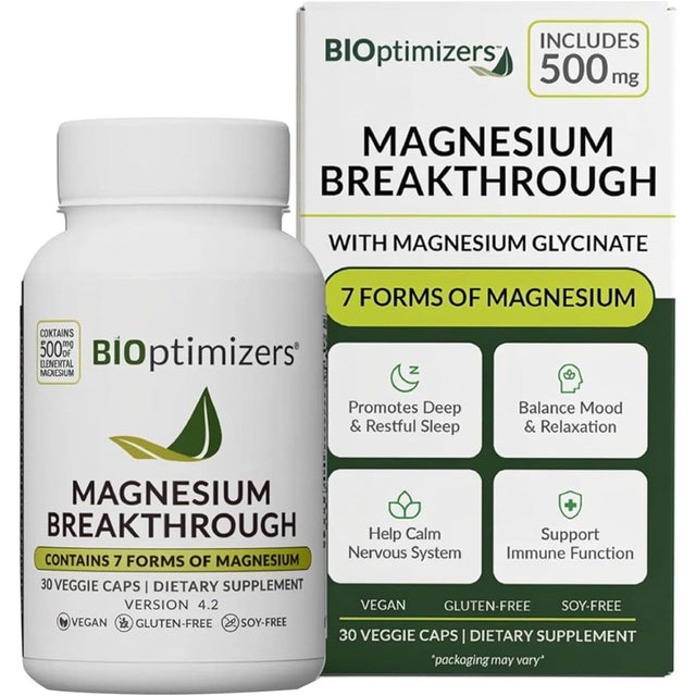 Frasco y caja de BIOoptimizers Magnesium Breakthrough, presentación de 30 cápsulas vegetales.