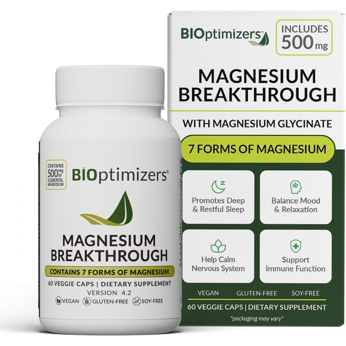 Frasco y caja de BIOoptimizers Magnesium Breakthrough, presentación de 60 cápsulas vegetales.