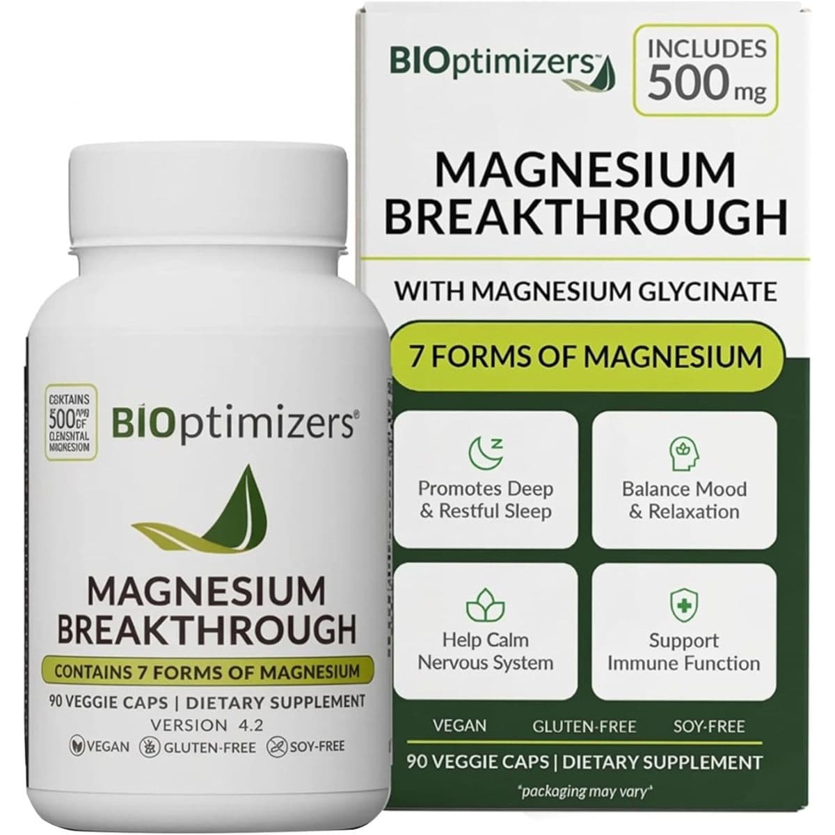 Frasco y caja de BIOoptimizers Magnesium Breakthrough, presentación de 90 cápsulas vegetales.