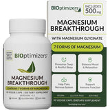 Frasco y caja de BIOoptimizers Magnesium Breakthrough, presentación de 90 cápsulas vegetales.