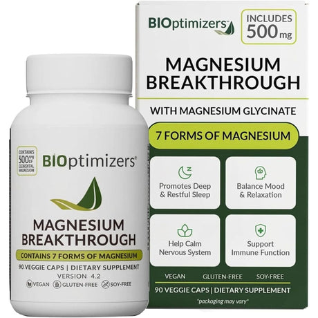 Frasco y caja de BIOoptimizers Magnesium Breakthrough, presentación de 90 cápsulas vegetales.