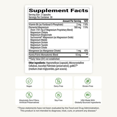 Panel de información del suplemento de BIOoptimizers Magnesium Breakthrough, con 500 mg de magnesio elemental por porción.