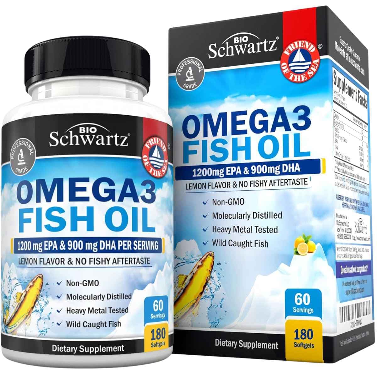 Frasco de BioSchwartz aceite de pescado Omega-3 3000 mg sabor limón, presentación de 180 cápsulas blandas