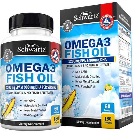 Frasco de BioSchwartz aceite de pescado Omega-3 3000 mg sabor limón, presentación de 180 cápsulas blandas
