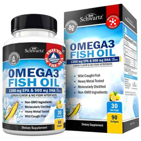 Frasco de BioSchwartz aceite de pescado Omega-3 3000 mg sabor limón, presentación de 90 cápsulas blandas