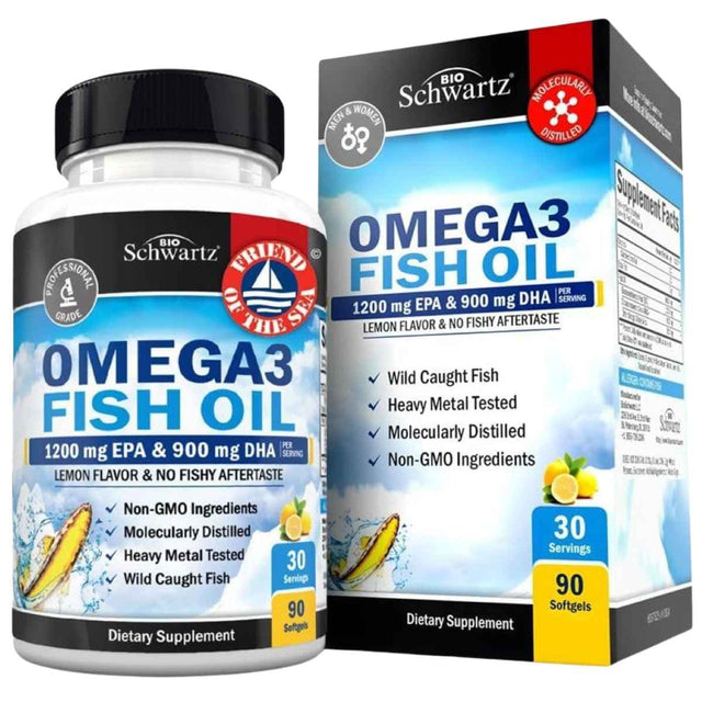 Frasco de BioSchwartz aceite de pescado Omega-3 3000 mg sabor limón, presentación de 90 cápsulas blandas