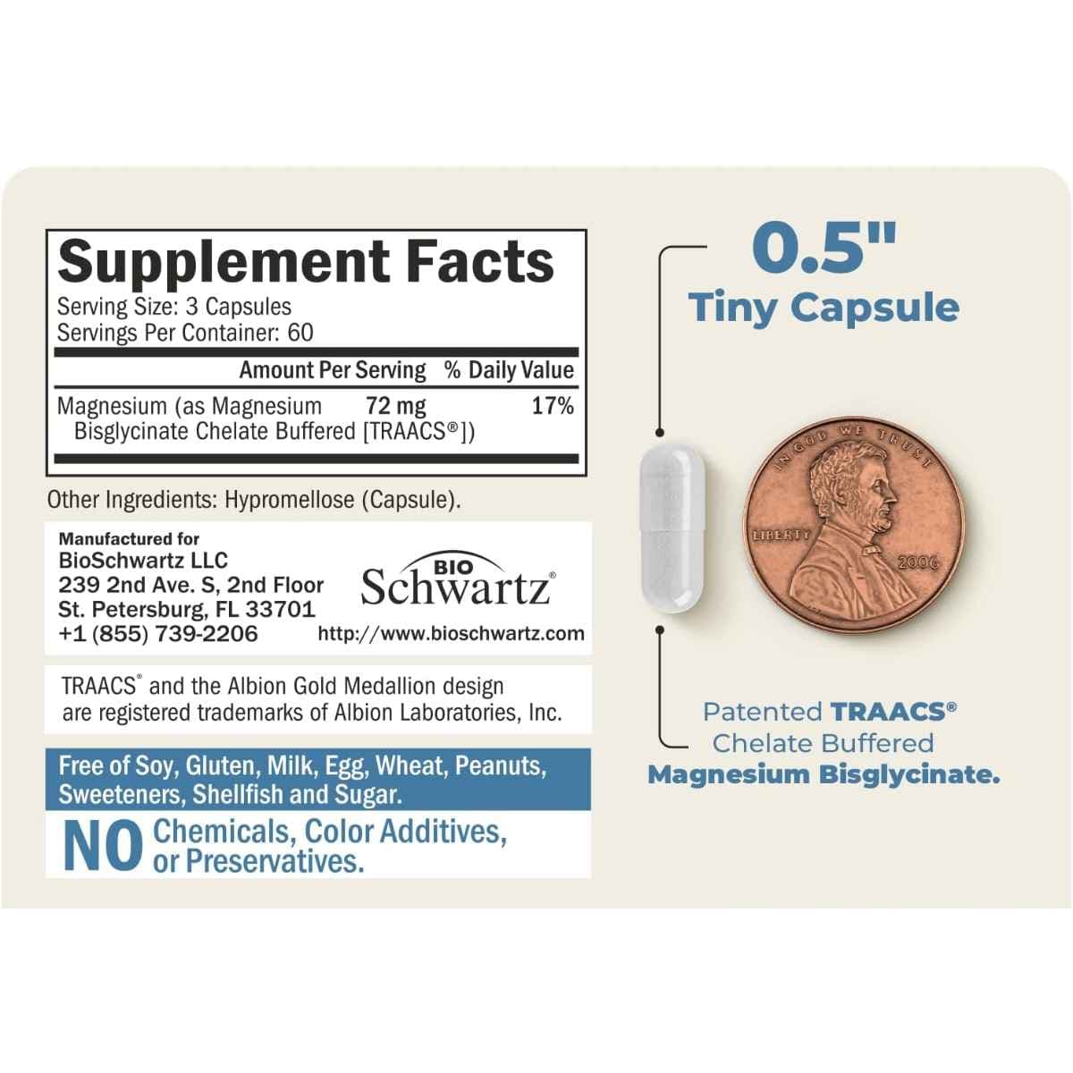 Información del suplemento de BioSchwartz bisglicinato de magnesio TRAACS, 180 cápsulas vegetales