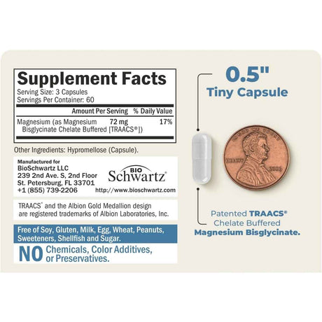 Información del suplemento de BioSchwartz bisglicinato de magnesio TRAACS, 180 cápsulas vegetales