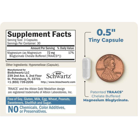 Información del suplemento de BioSchwartz bisglicinato de magnesio TRAACS, 90 cápsulas vegetales
