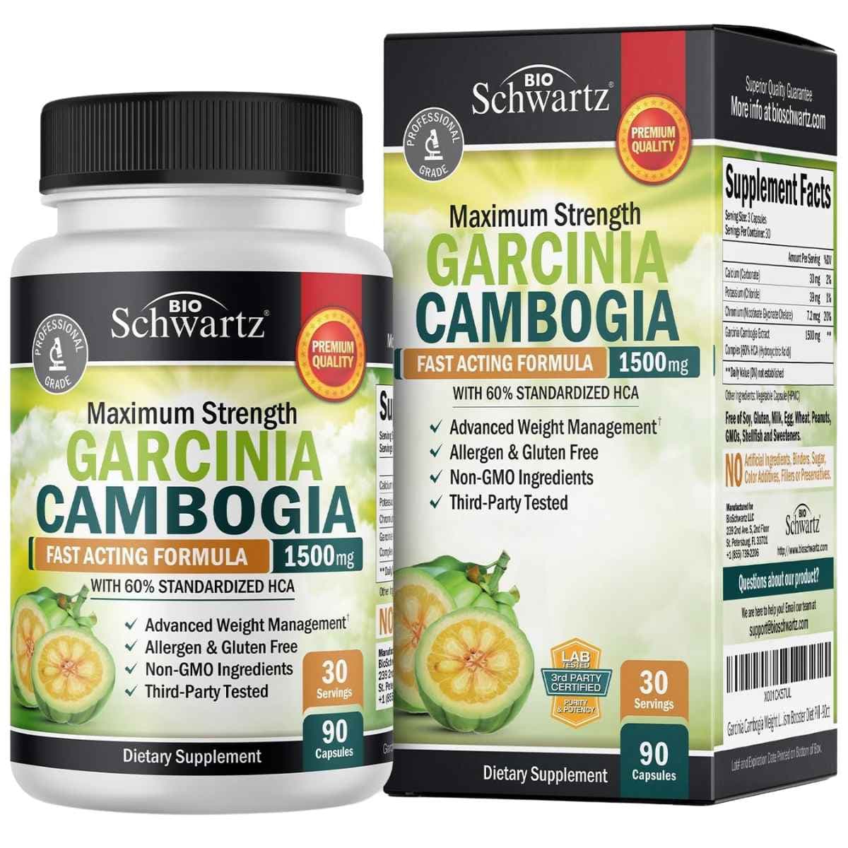 Frasco de suplemento BioSchwartz Garcinia Cambogia 1500 mg 90 cápsulas