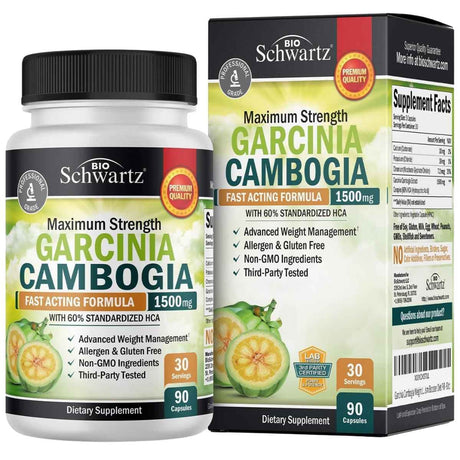Frasco de suplemento BioSchwartz Garcinia Cambogia 1500 mg 90 cápsulas