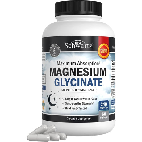 Frasco de glicinato de magnesio BioSchwartz de 240 cápsulas vegetales