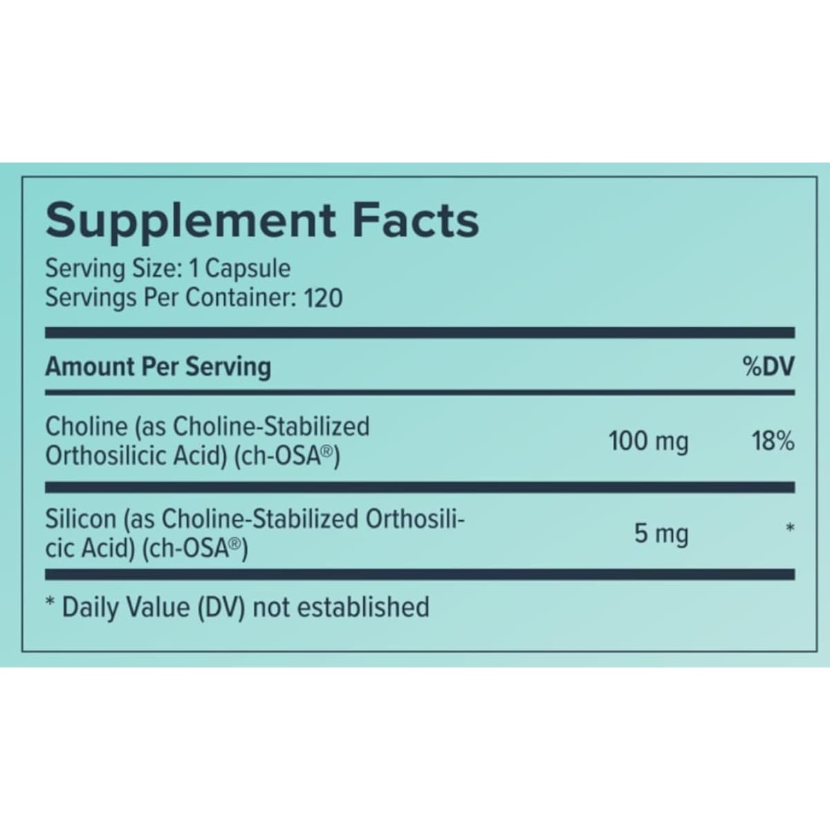 Tabla nutricional del suplemento Biosil Advanced Collagen Generator en cápsulas líquidas, 120 cápsulas