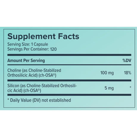 Tabla nutricional del suplemento Biosil Advanced Collagen Generator en cápsulas líquidas, 120 cápsulas
