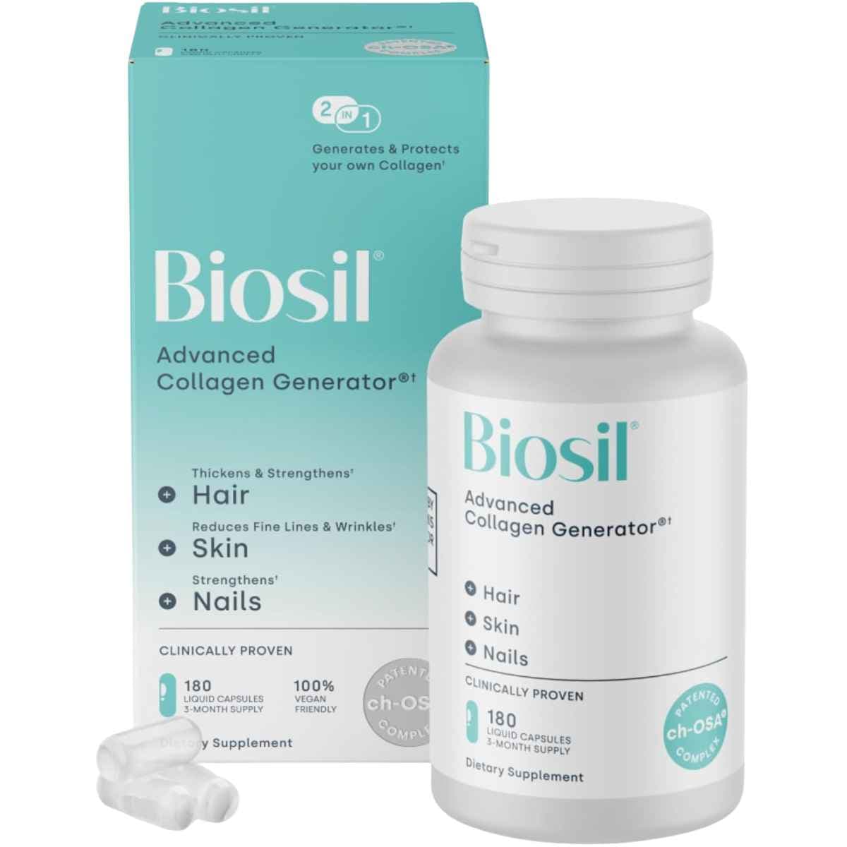 Suplemento Biosil Advanced Collagen Generator en cápsulas líquidas, presentación de 180 cápsulas