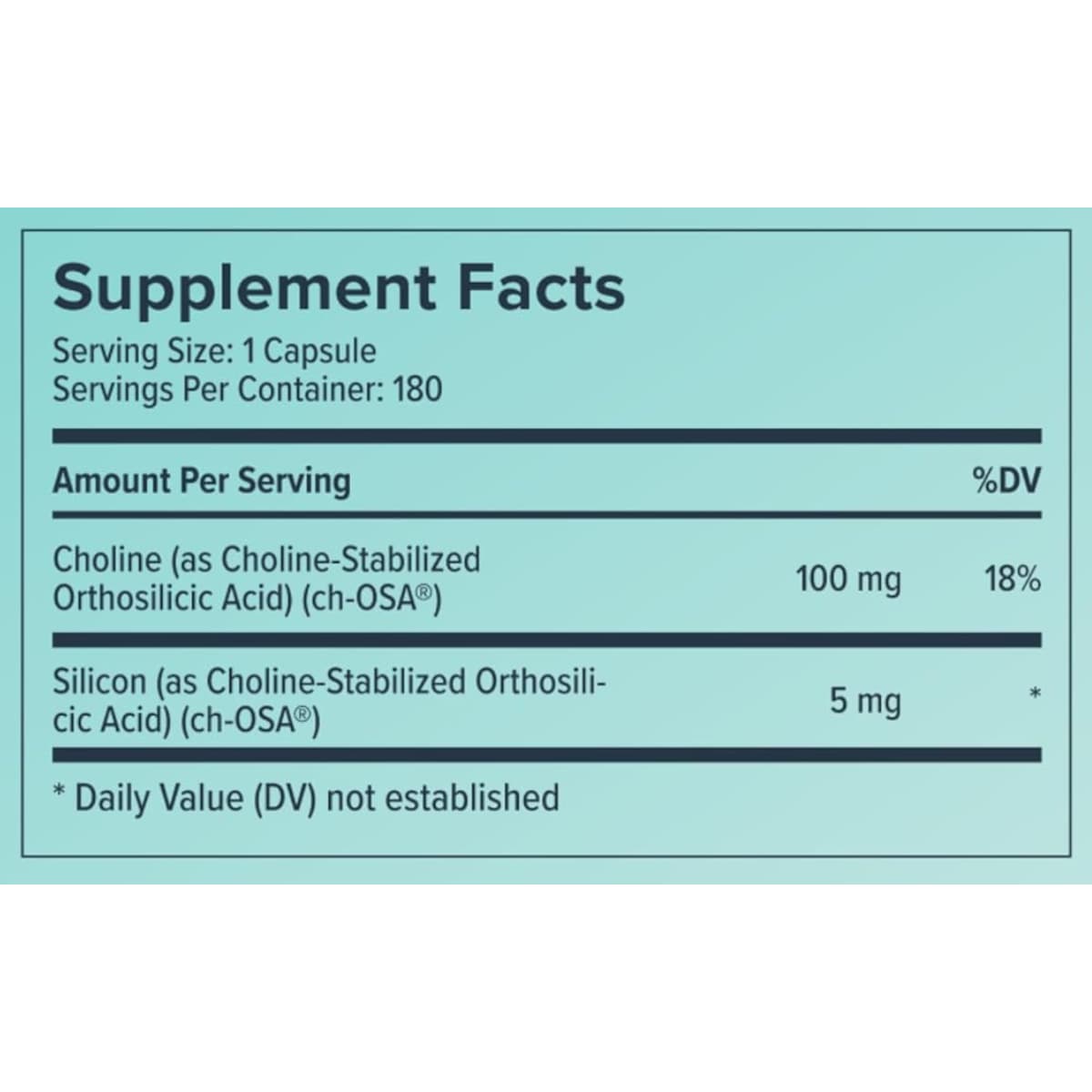 Tabla nutricional del suplemento Biosil Advanced Collagen Generator en cápsulas líquidas, 180 cápsulas