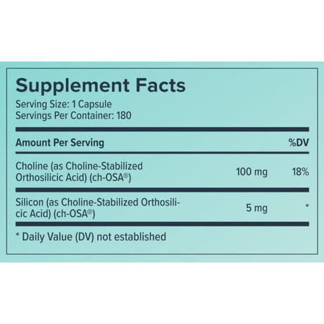 Tabla nutricional del suplemento Biosil Advanced Collagen Generator en cápsulas líquidas, 180 cápsulas