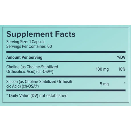 Tabla nutricional del suplemento Biosil Advanced Collagen Generator en cápsulas líquidas, 60 cápsulas