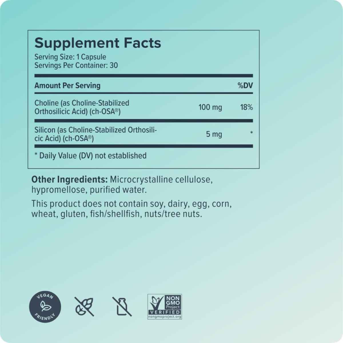 Tabla nutricional del suplemento Biosil Generador Avanzado de Colágeno 30 Cápsulas