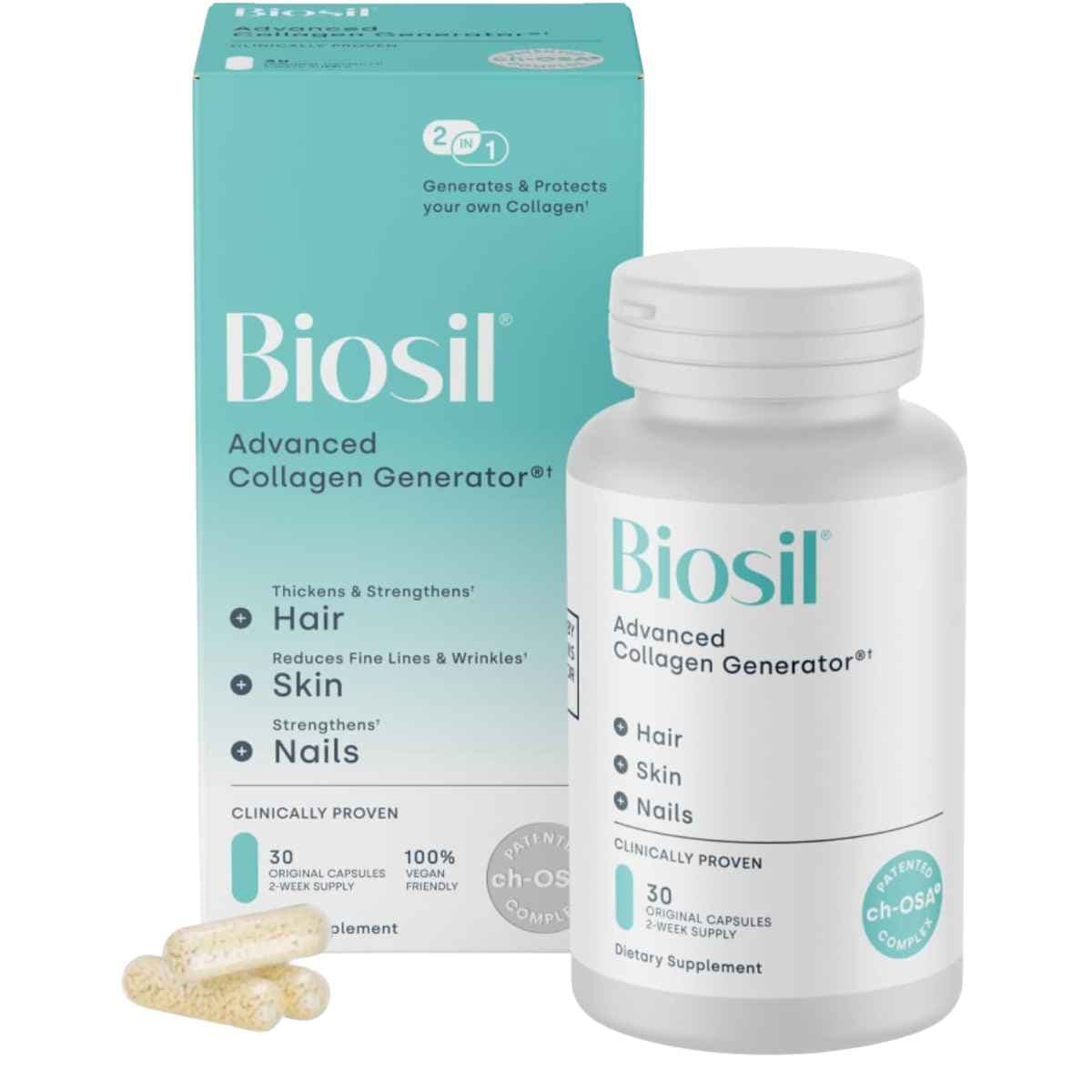 Frasco de suplemento Biosil Generador Avanzado de Colágeno 30 Cápsulas