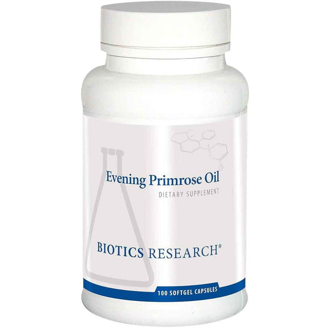 Frasco frontal de Biotics Research Aceite de onagra, presentación de 100 cápsulas blandas.