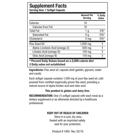 Información del suplemento de Biotics Research Aceite de linaza con omega 3, omega 6 y omega 9