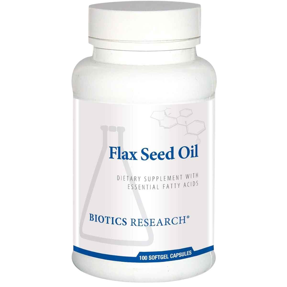 Frasco frontal de Biotics Research Aceite de linaza omega 3, presentación de 100 cápsulas blandas