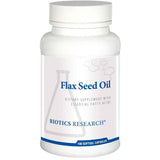 Frasco frontal de Biotics Research Aceite de linaza omega 3, presentación de 100 cápsulas blandas