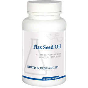 Frasco frontal de Biotics Research Aceite de linaza omega 3, presentación de 100 cápsulas blandas