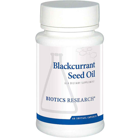 Frasco frontal de Biotics Research Aceite de semilla de grosella negra, presentación de 60 cápsulas blandas