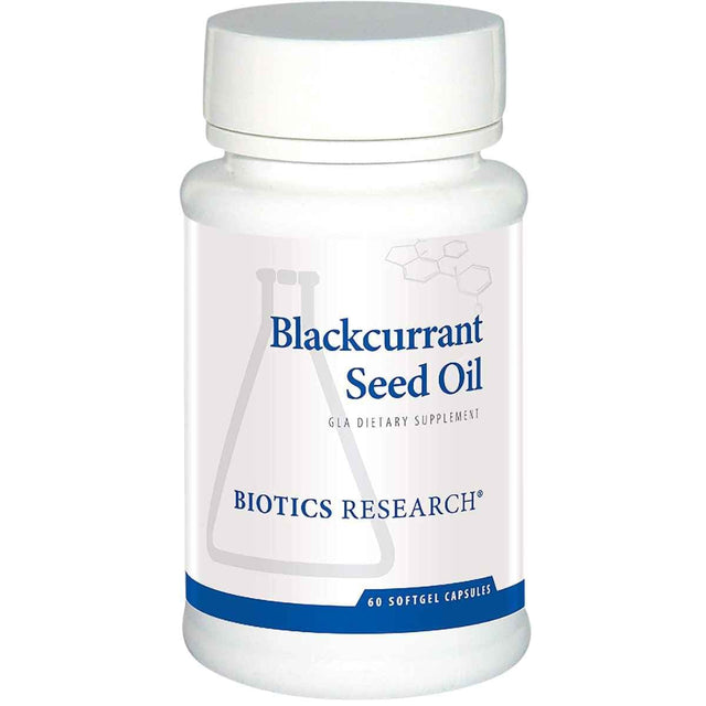 Frasco frontal de Biotics Research Aceite de semilla de grosella negra, presentación de 60 cápsulas blandas