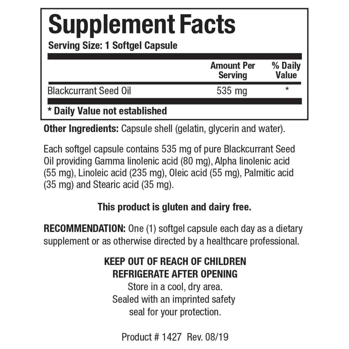Información del suplemento de Biotics Research Aceite de semilla de grosella negra con GLA y otros ácidos grasos
