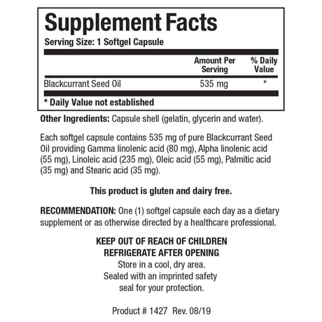 Información del suplemento de Biotics Research Aceite de semilla de grosella negra con GLA y otros ácidos grasos