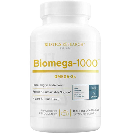 Frasco frontal de Biotics Research Biomega-1000 omega 3, presentación de 90 cápsulas blandas.