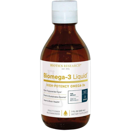 Frasco frontal de Biotics Research Biomega-3 líquido, presentación de 200 ml.
