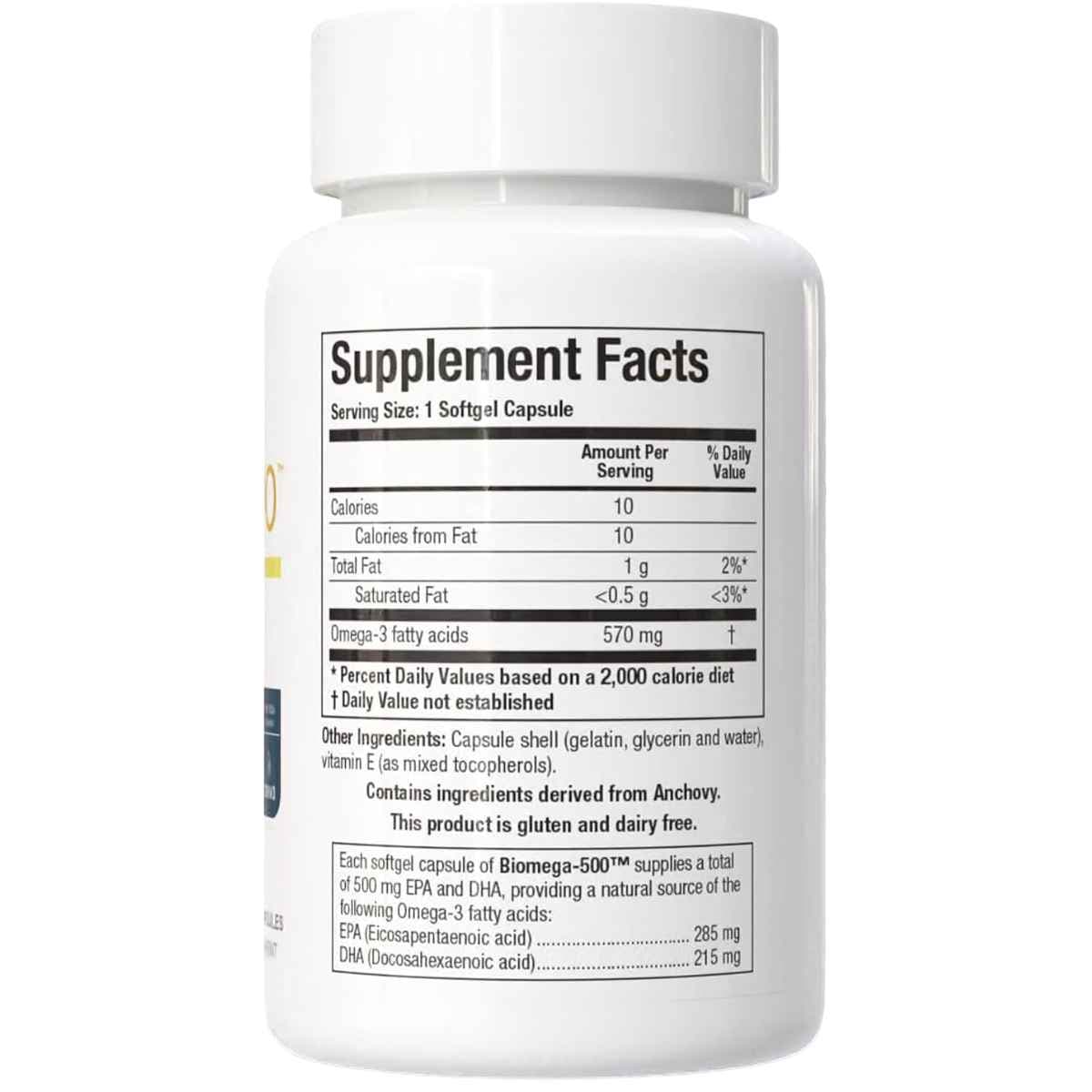 Información del suplemento de Biotics Research Biomega-500 con omega 3, EPA y DHA.