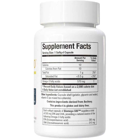 Información del suplemento de Biotics Research Biomega-500 con omega 3, EPA y DHA.
