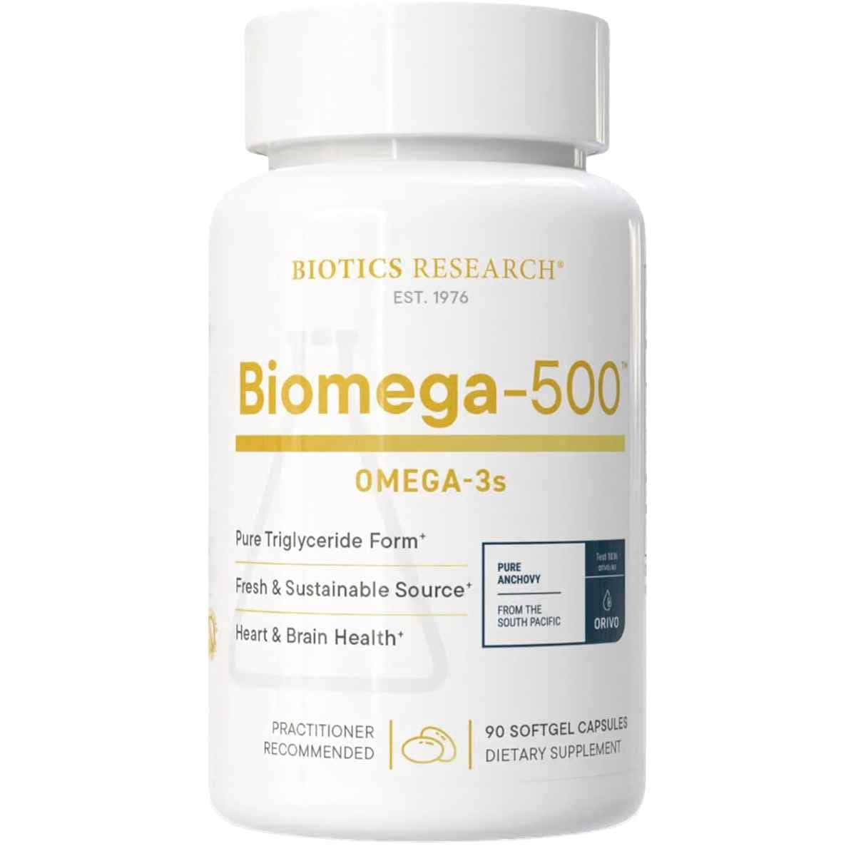 Frasco frontal de Biotics Research Biomega-500 omega 3, presentación de 90 cápsulas blandas.