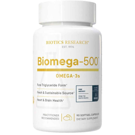 Frasco frontal de Biotics Research Biomega-500 omega 3, presentación de 90 cápsulas blandas.