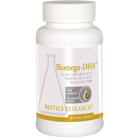 Frasco frontal de Biotics Research Biomega-DHA omega 3, presentación de 90 cápsulas blandas.