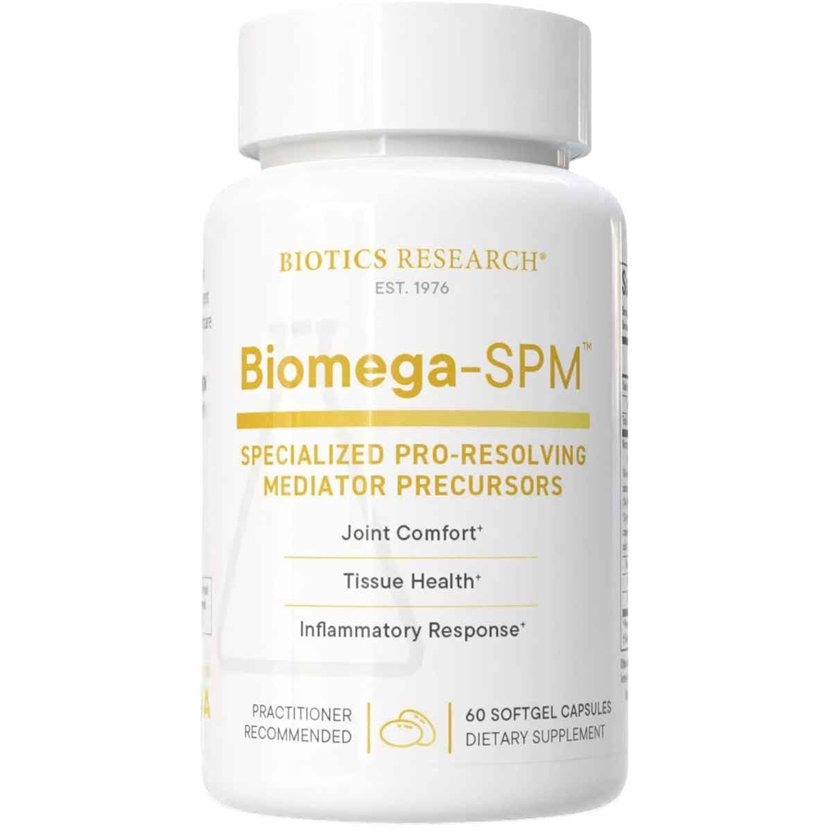 Frasco frontal de Biotics Research Biomega-SPM, presentación de 60 cápsulas blandas.