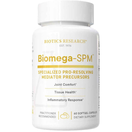 Frasco frontal de Biotics Research Biomega-SPM, presentación de 60 cápsulas blandas.