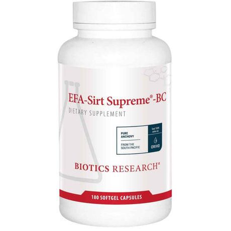 Frasco frontal de Biotics Research EFA-Sirt Supreme-BC, presentación de 180 cápsulas blandas.