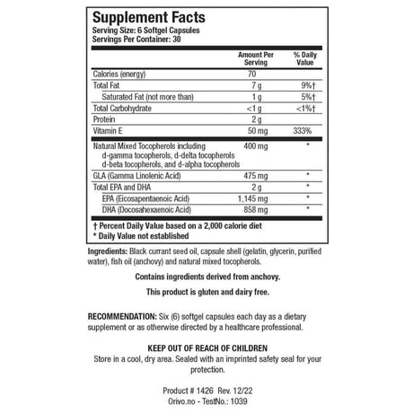 Información del suplemento de Biotics Research EFA-Sirt Supreme-BC con EPA, DHA, GLA y tocoferoles.