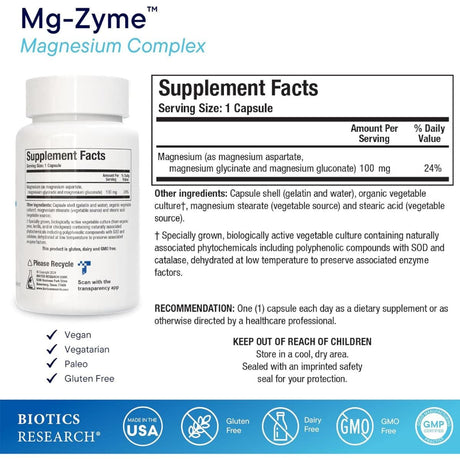 Información del suplemento Biotics Research Mg-Zyme complejo de magnesio