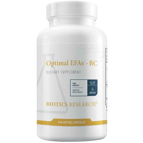 Frasco frontal de Biotics Research Optimal EFAs-BC, presentación de 120 cápsulas blandas.