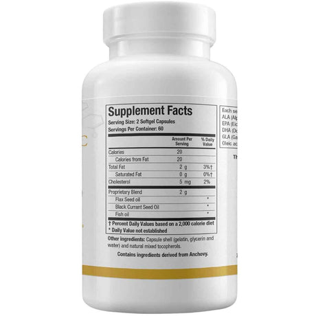 Información del suplemento de Biotics Research Optimal EFAs-BC con mezcla de aceites de lino, grosella negra y pescado.