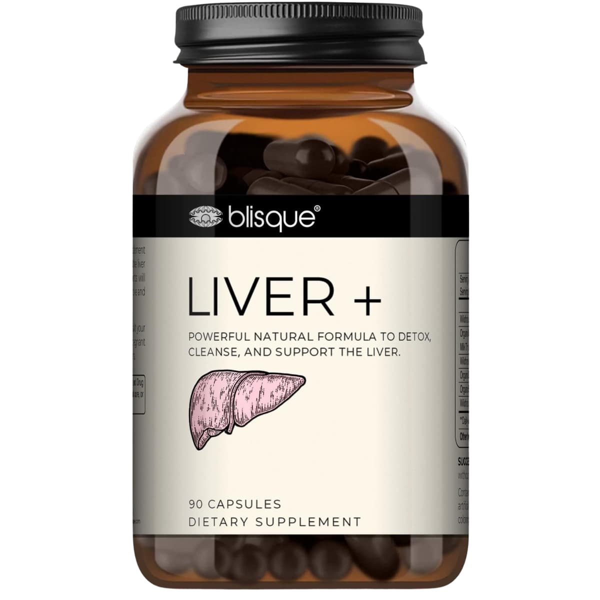 Frasco de fórmula herbal Blisque Liver+ de 90 cápsulas