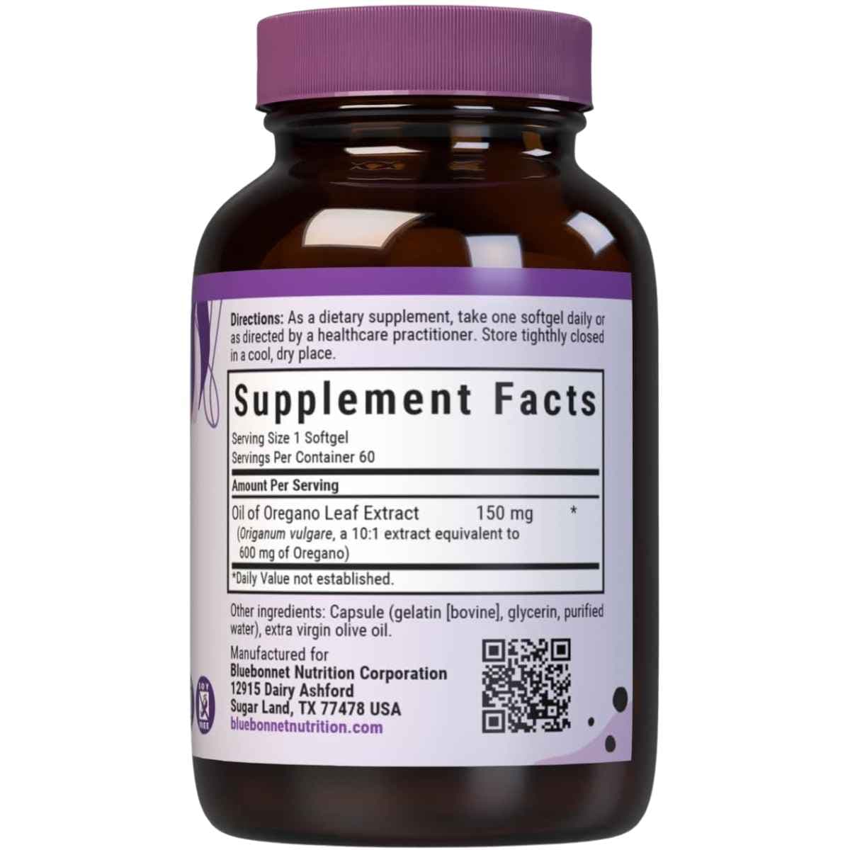 Tabla nutricional del suplemento Bluebonnet Aceite de Orégano 150 mg 60 cápsulas blandas