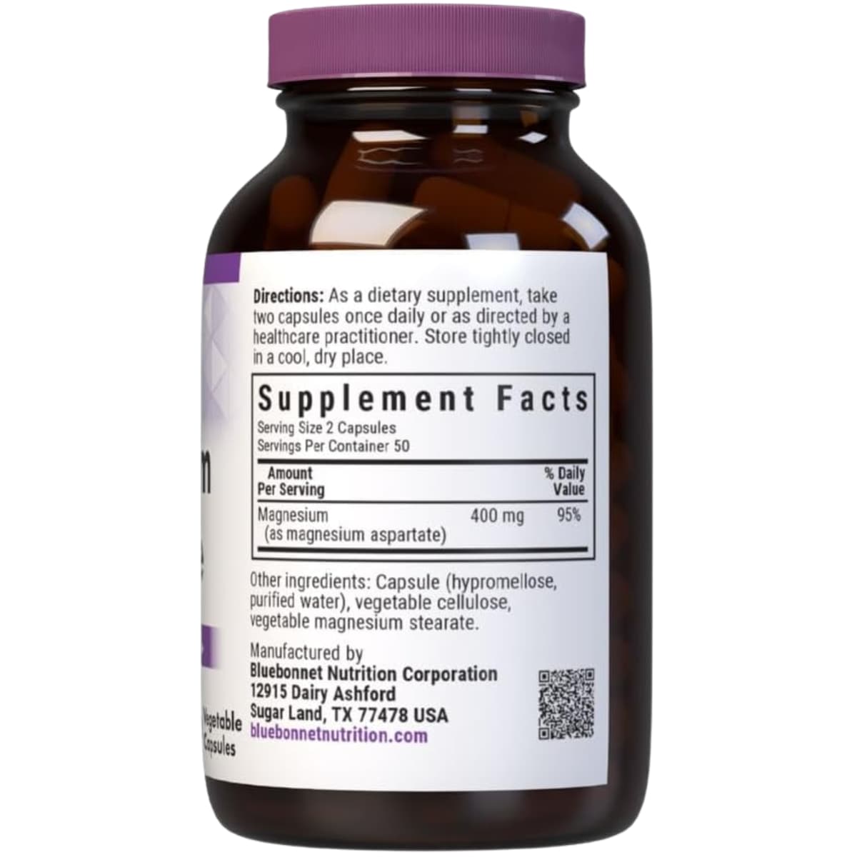 Información del suplemento de Bluebonnet aspartato de magnesio 400 mg por porción, 200 cápsulas